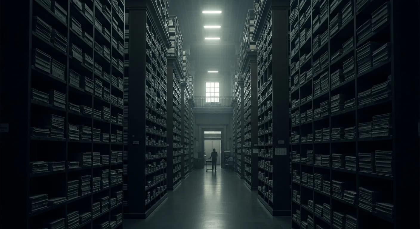Endless shelves of physical case files — a single matter's record, scattered