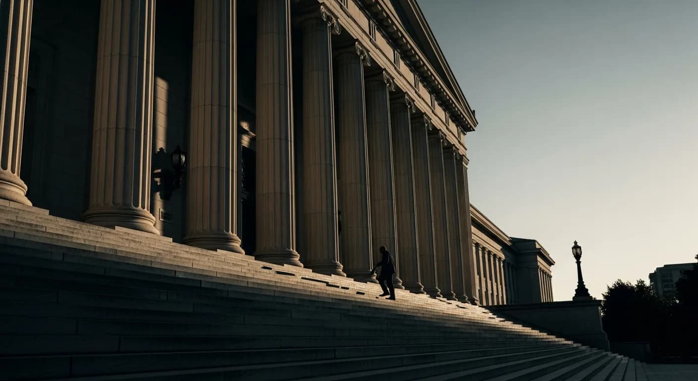 The columned façade of a federal courthouse