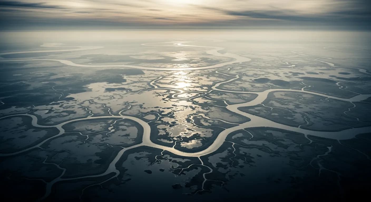 Aerial view of a misty, branching river delta — the resolved picture
